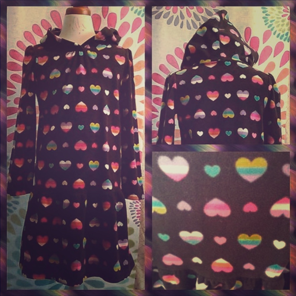 🍭👗 JUMPING BEANS fleece rainbow Hearts Ruffle Hoodie Dress cute cozy Valentine